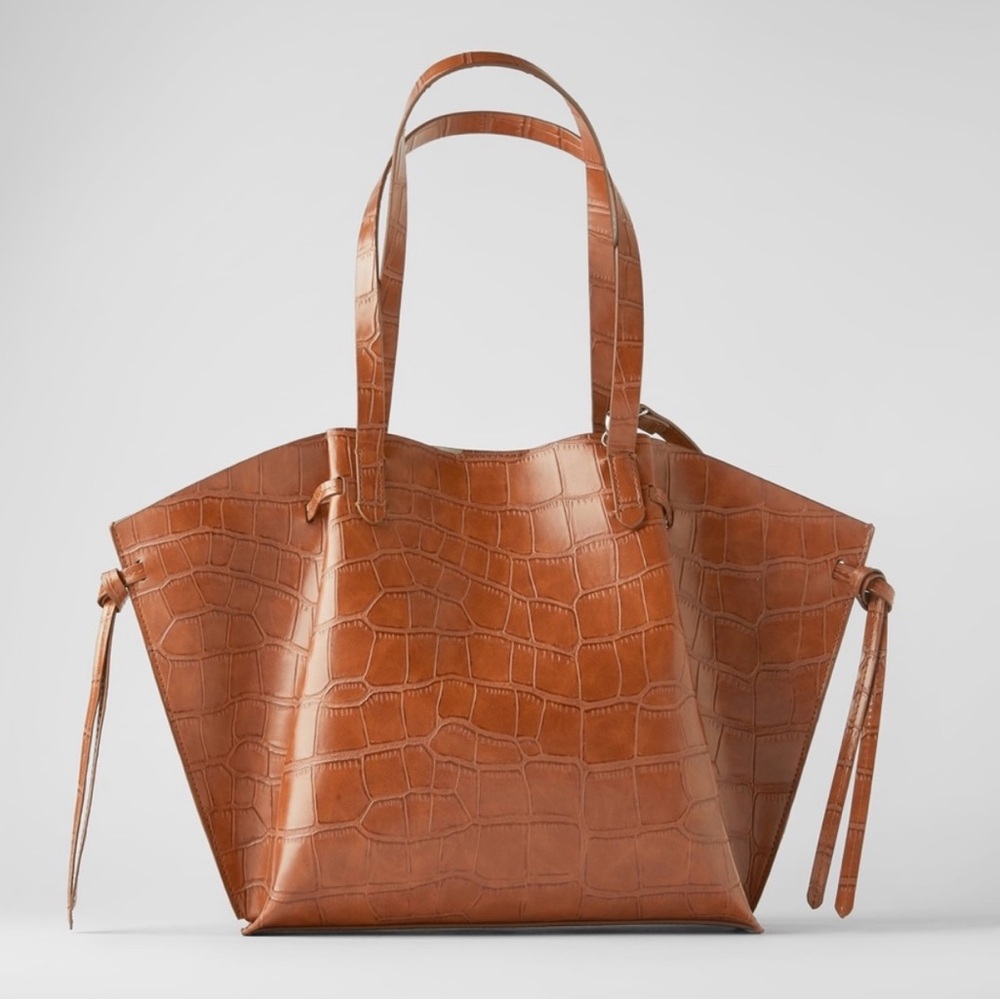 ZARA Crocodile Embossed Brown Tote Bag